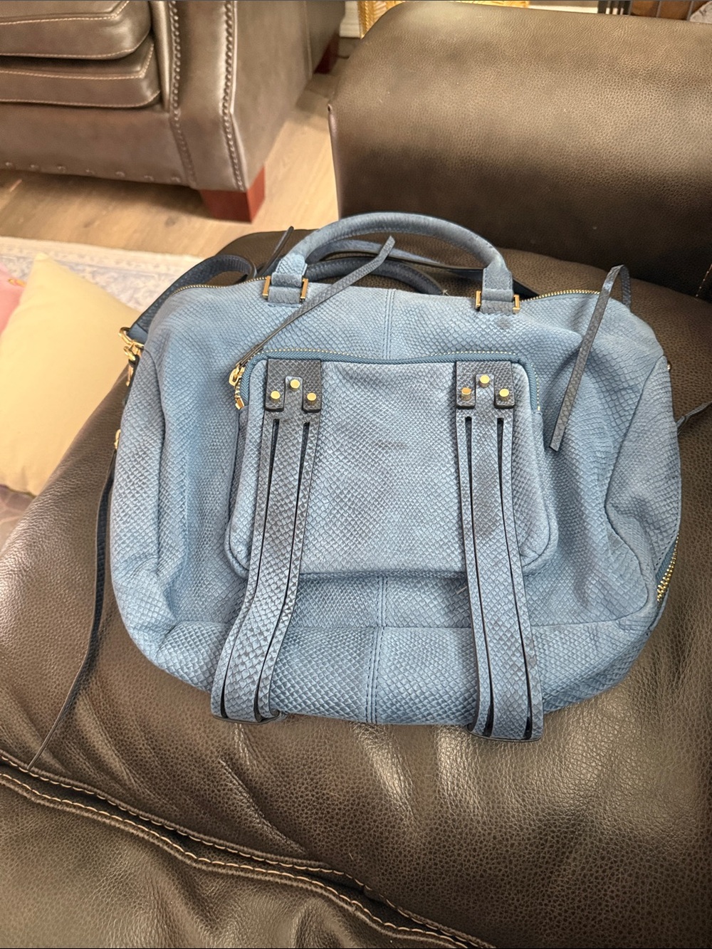 She+Lo Next Chapter Genuine Leather Satchel Handbag Adjustable Straps Blue